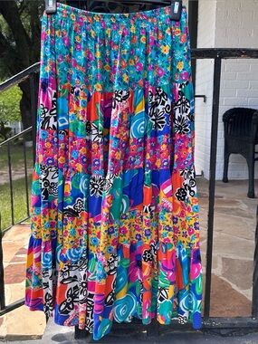 90s Vintage Multicolor Floral Patchwork Tiered Flowy Mixed Media Maxi Skirt